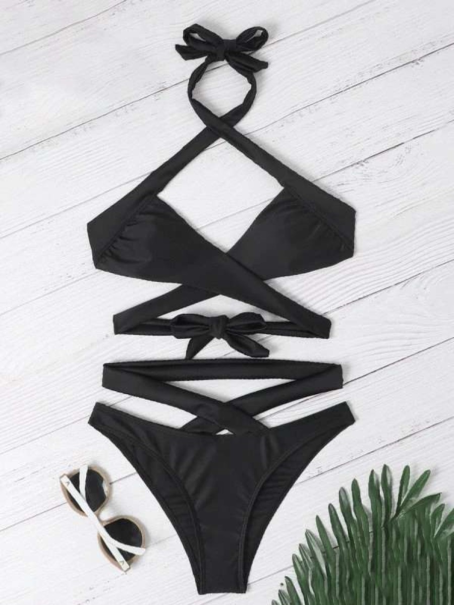 Bikini Sets * | Emmiol Black Criss Cross Bandage Bikini Set