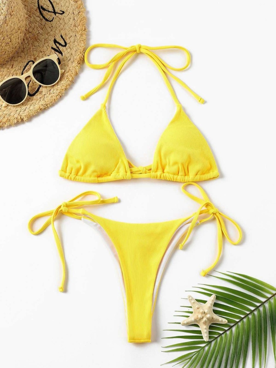 Bikini Sets * | Emmiol Triangle Solid Lace Up Bikini Swimsuit