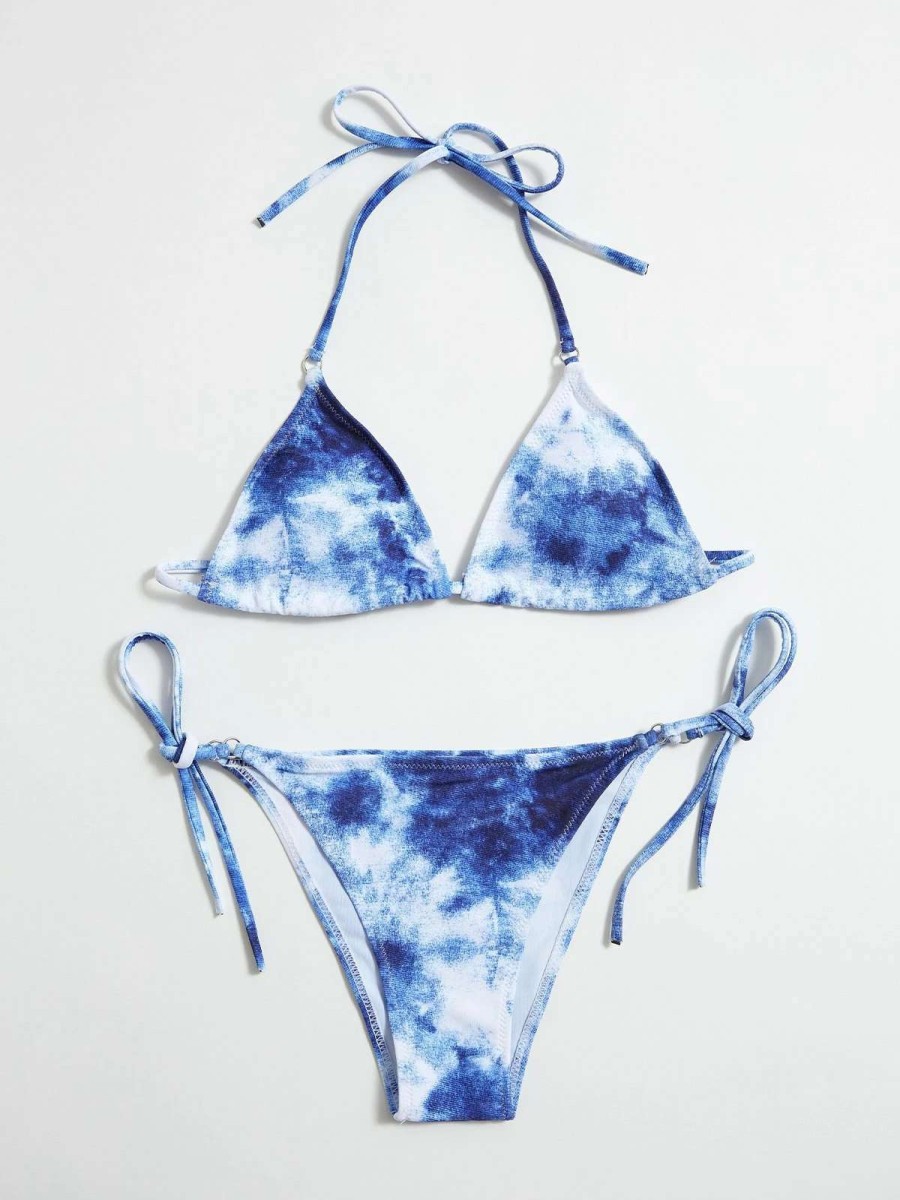 Bikini Sets * | Emmiol Tie-Dye Hanging Neck Lace Up Triangle Bikini