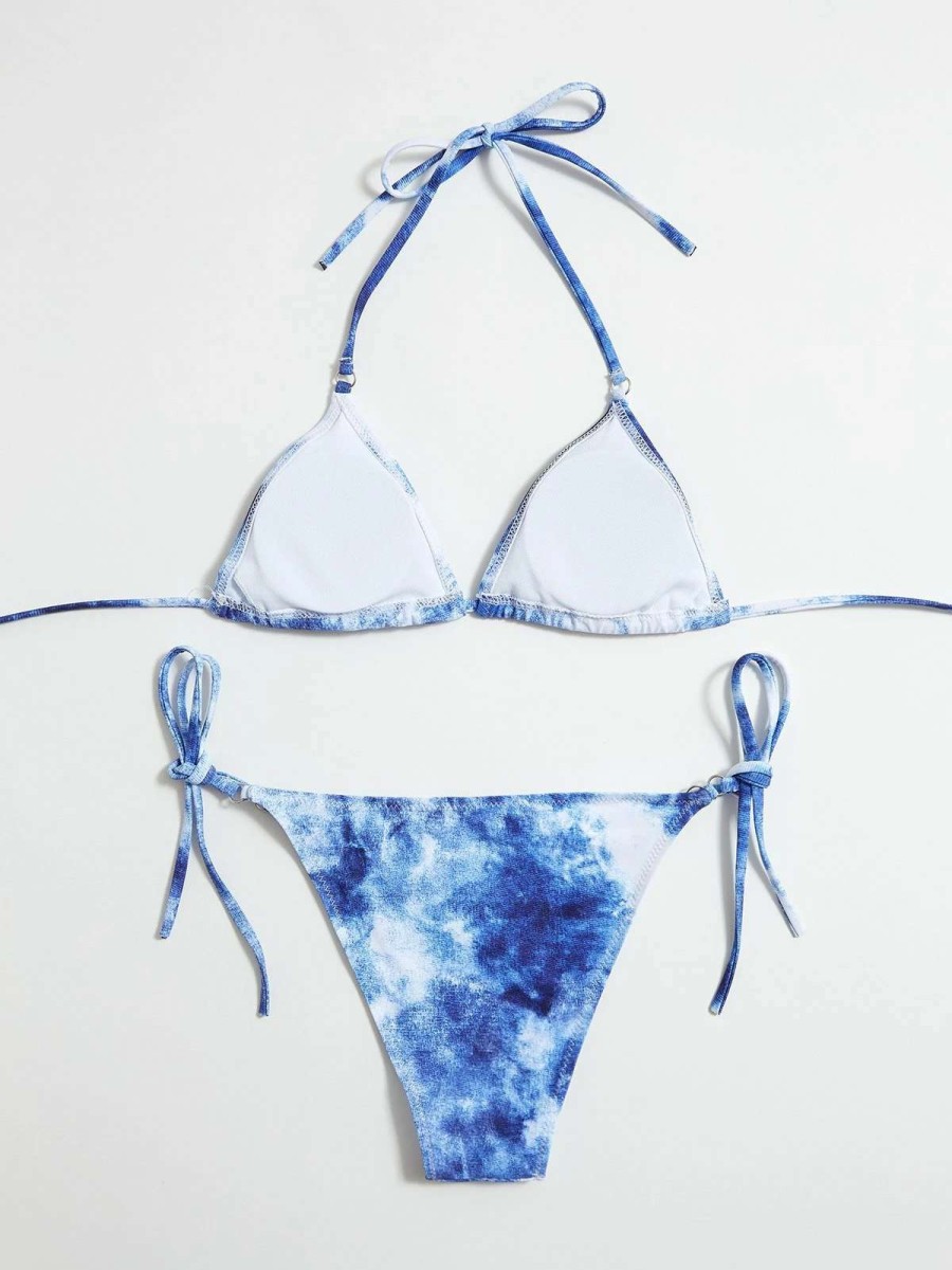 Bikini Sets * | Emmiol Tie-Dye Hanging Neck Lace Up Triangle Bikini