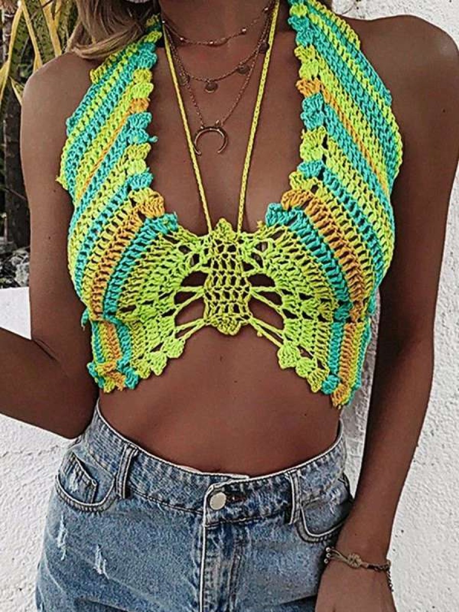 Bikini Tops * | Emmiol Color Block Crochet Hollow Halter Bikini Top