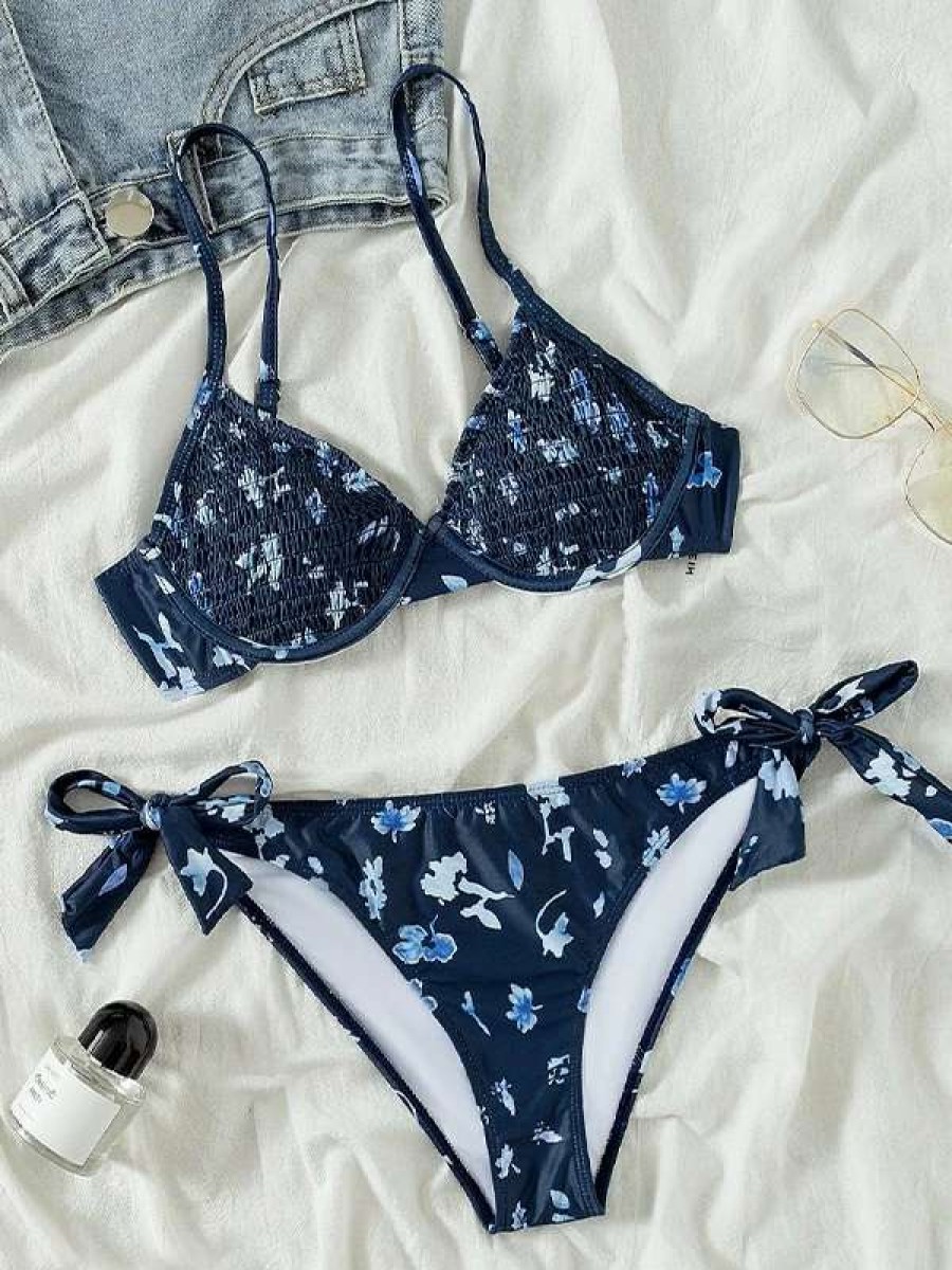 Bikini Sets * | Emmiol Smocked Floral Print Underwire Bikini Set