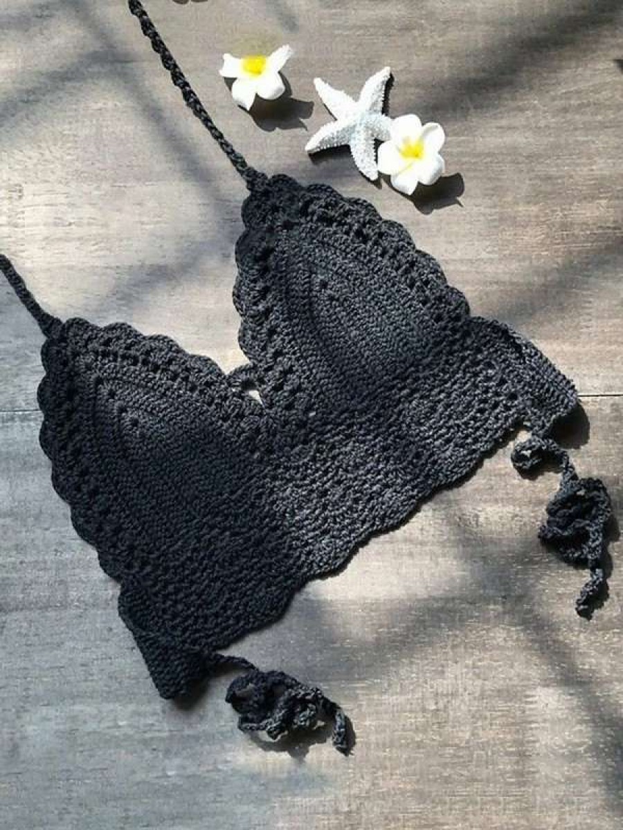 Bikini Tops * | Emmiol Crochet Hollow Out Halter Bikini Top