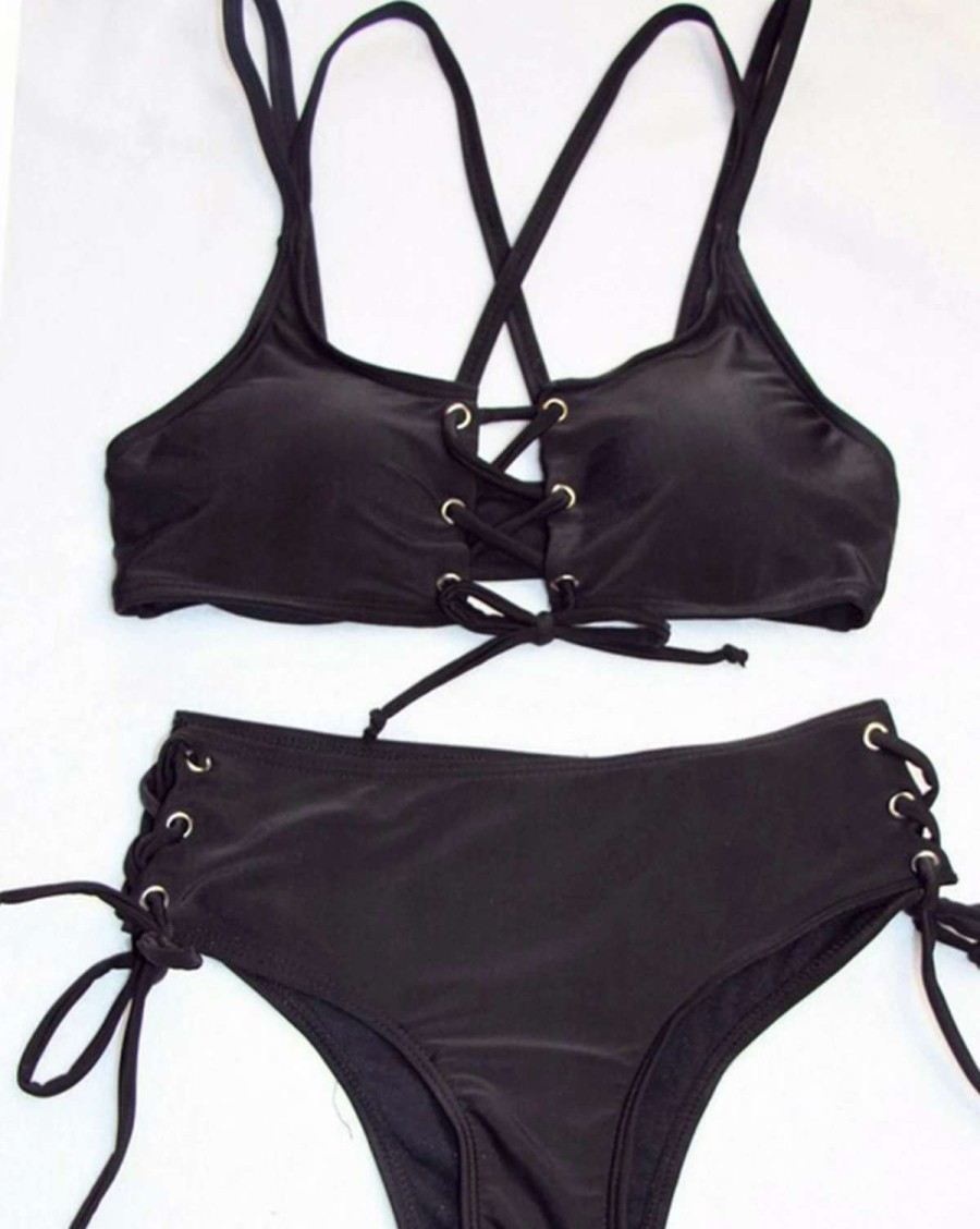 Bikini Sets * | Emmiol Tie Adjust Sexy Black Bikini