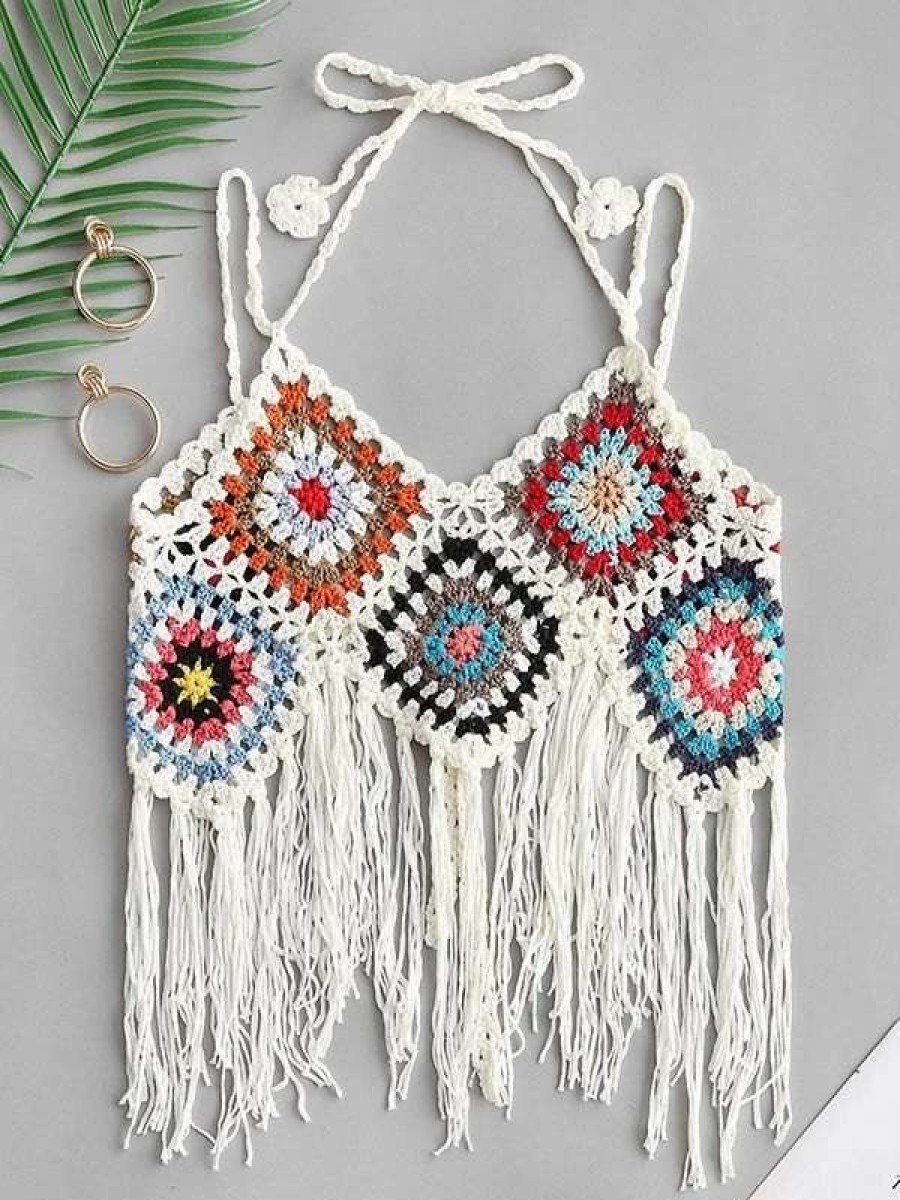 Cover-Ups * | Emmiol Tassel Color Block Crochet Cami Cover Up