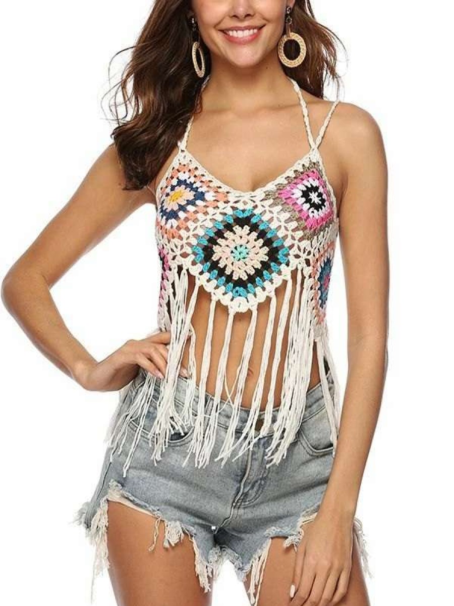 Cover-Ups * | Emmiol Tassel Color Block Crochet Cami Cover Up