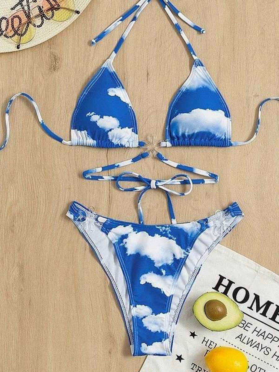 Bikini Sets * | Emmiol Cloud Print Lace Up Bikini Set