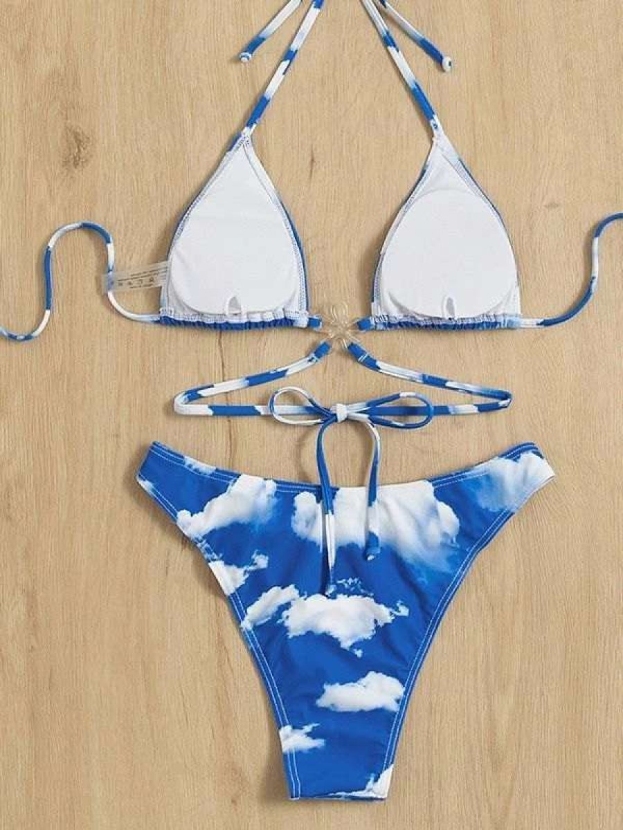 Bikini Sets * | Emmiol Cloud Print Lace Up Bikini Set