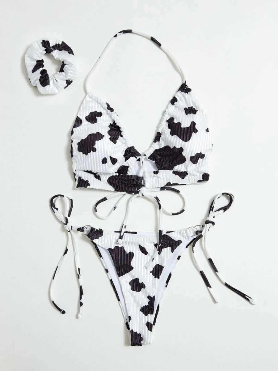 Bikini Sets * | Emmiol Velvet Cow Print Halter Bikini Set