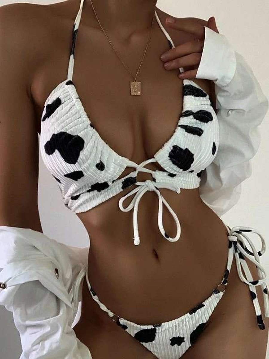 Bikini Sets * | Emmiol Velvet Cow Print Halter Bikini Set