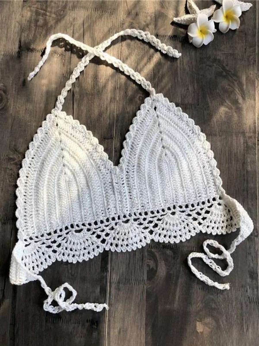 Bikini Tops * | Emmiol Solid Color Halter Crochet Bikini Top