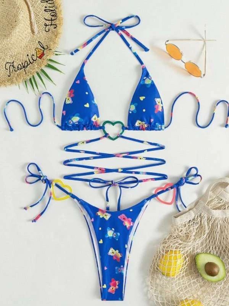 Bikini Sets * | Emmiol Heart Decor Bear Print Halter Bikini Set