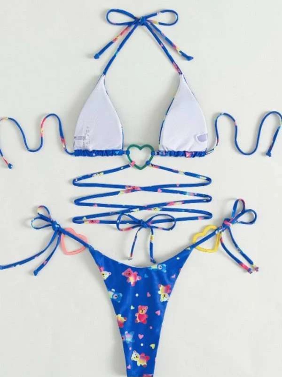 Bikini Sets * | Emmiol Heart Decor Bear Print Halter Bikini Set