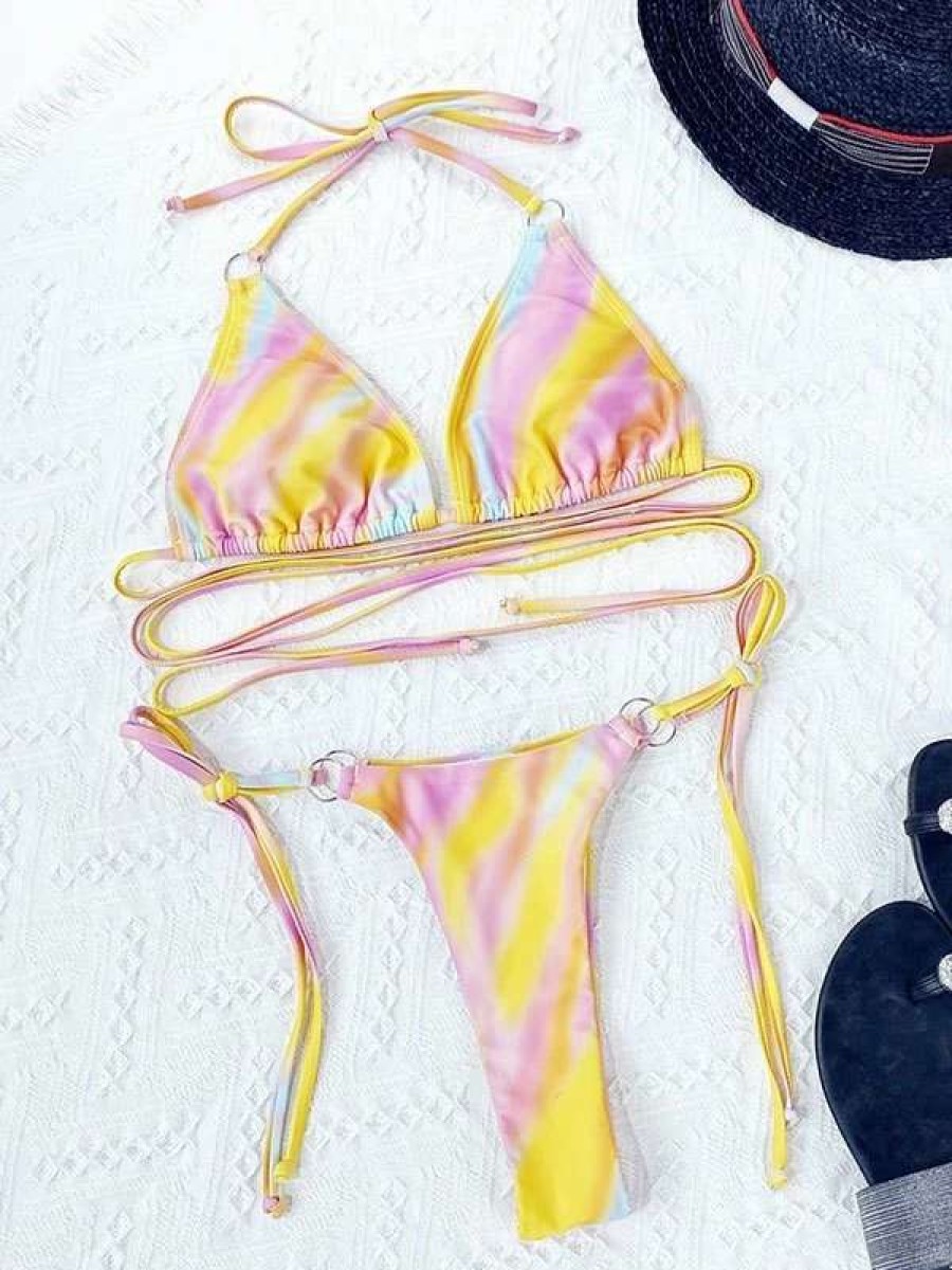 Bikini Sets * | Emmiol Tie Dye Striped Halter Bikini Set