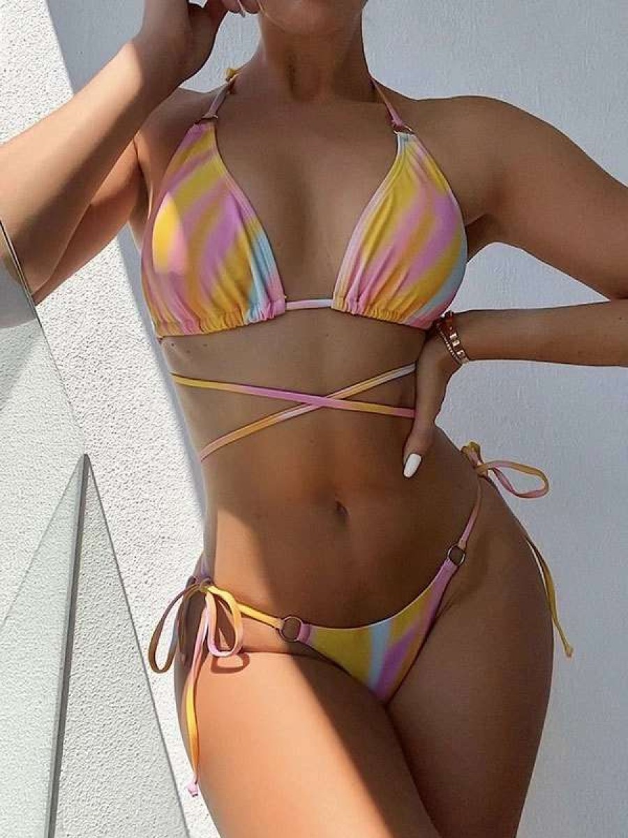 Bikini Sets * | Emmiol Tie Dye Striped Halter Bikini Set