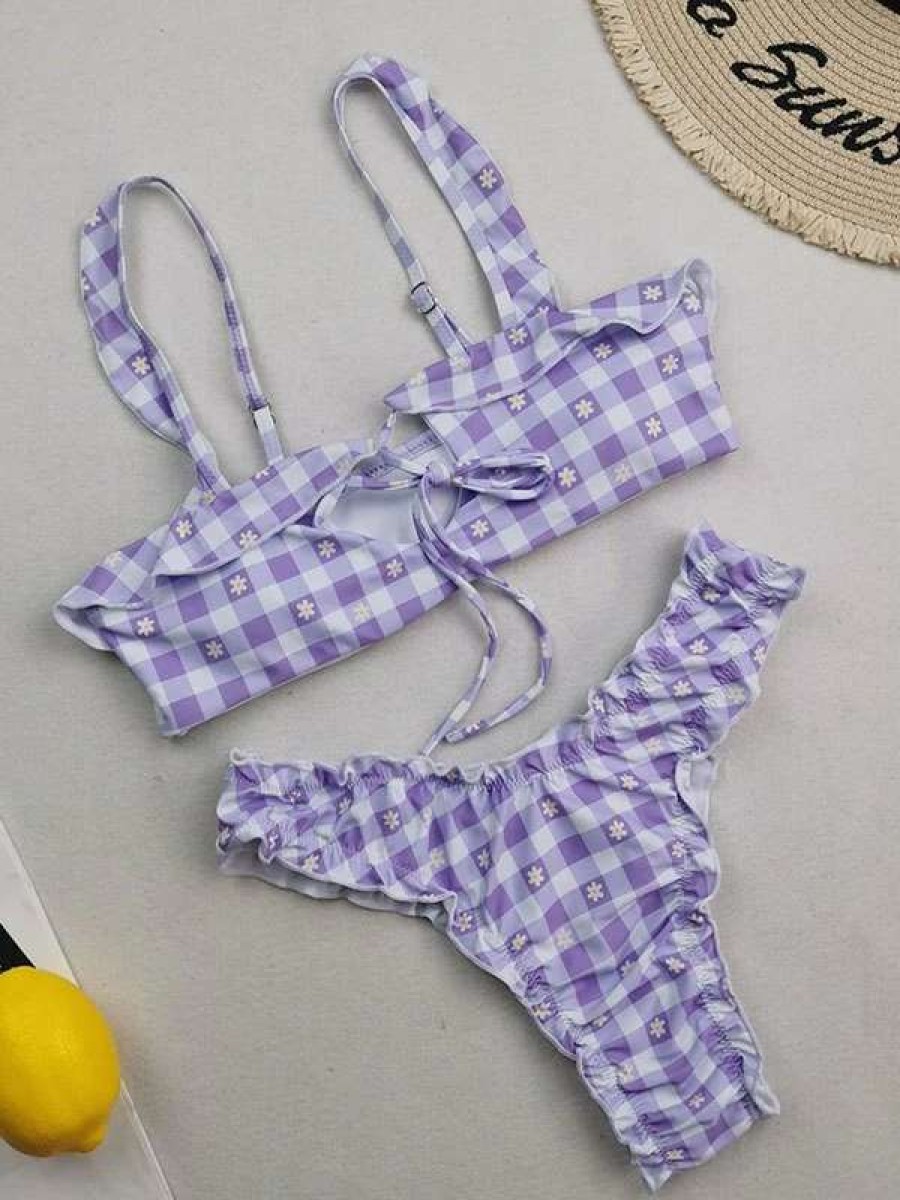 Bikini Sets * | Emmiol Checkered Floral Print Strap Bikini Set