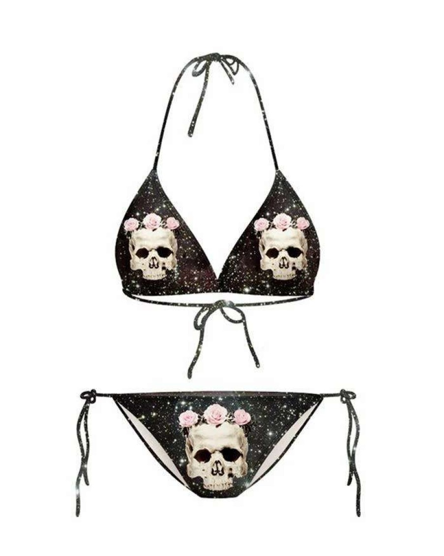 Bikini Sets * | Emmiol Skull Rose Printed Halter Triangle Bikini Set