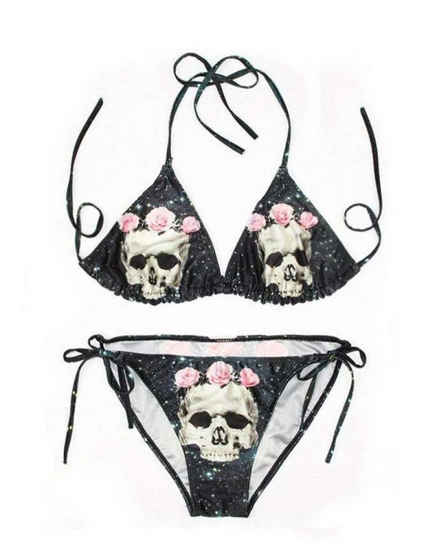 Bikini Sets * | Emmiol Skull Rose Printed Halter Triangle Bikini Set