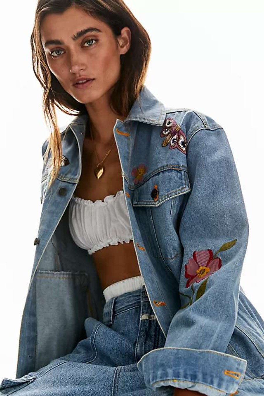 Jackets * | Free People Denim And Bone Heart And Eye Denim Jacket