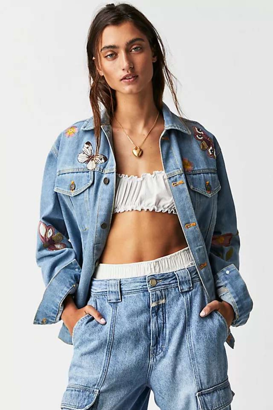 Jackets * | Free People Denim And Bone Heart And Eye Denim Jacket