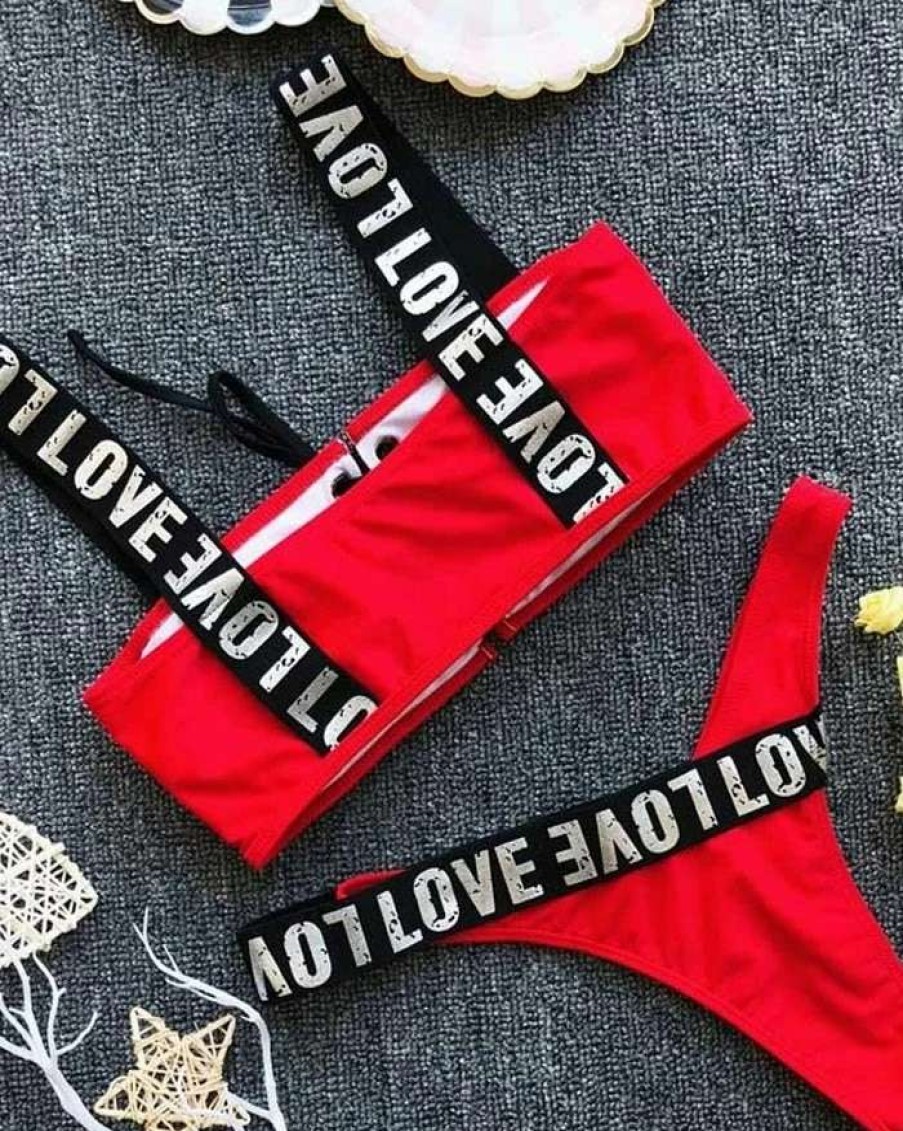 Bikini Sets * | Emmiol Alphabet Print Eyelash Lace Up Triangle Bikini