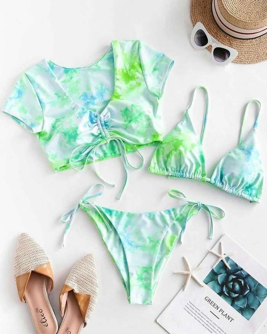 Bikini Sets * | Emmiol Tie-Dye Short Sleeve Drawstring Three-Piece Triangle Bikini