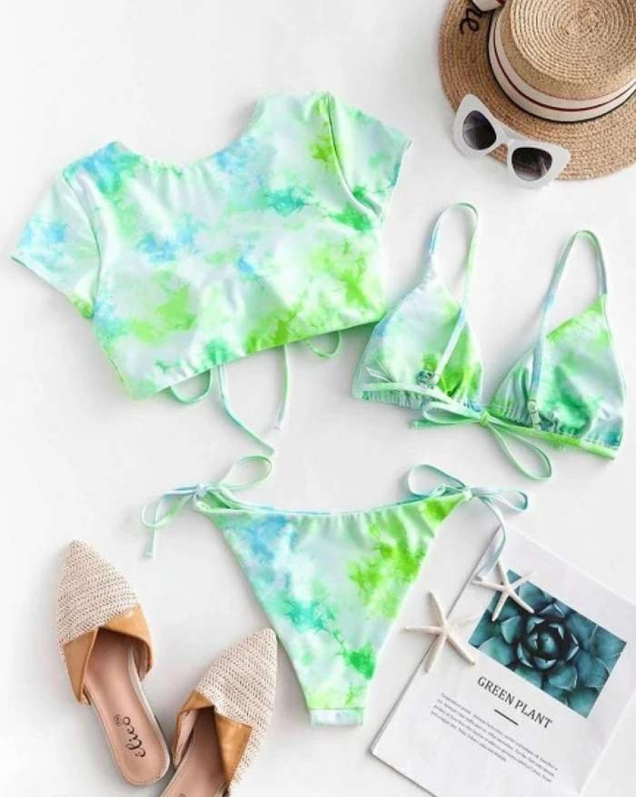 Bikini Sets * | Emmiol Tie-Dye Short Sleeve Drawstring Three-Piece Triangle Bikini