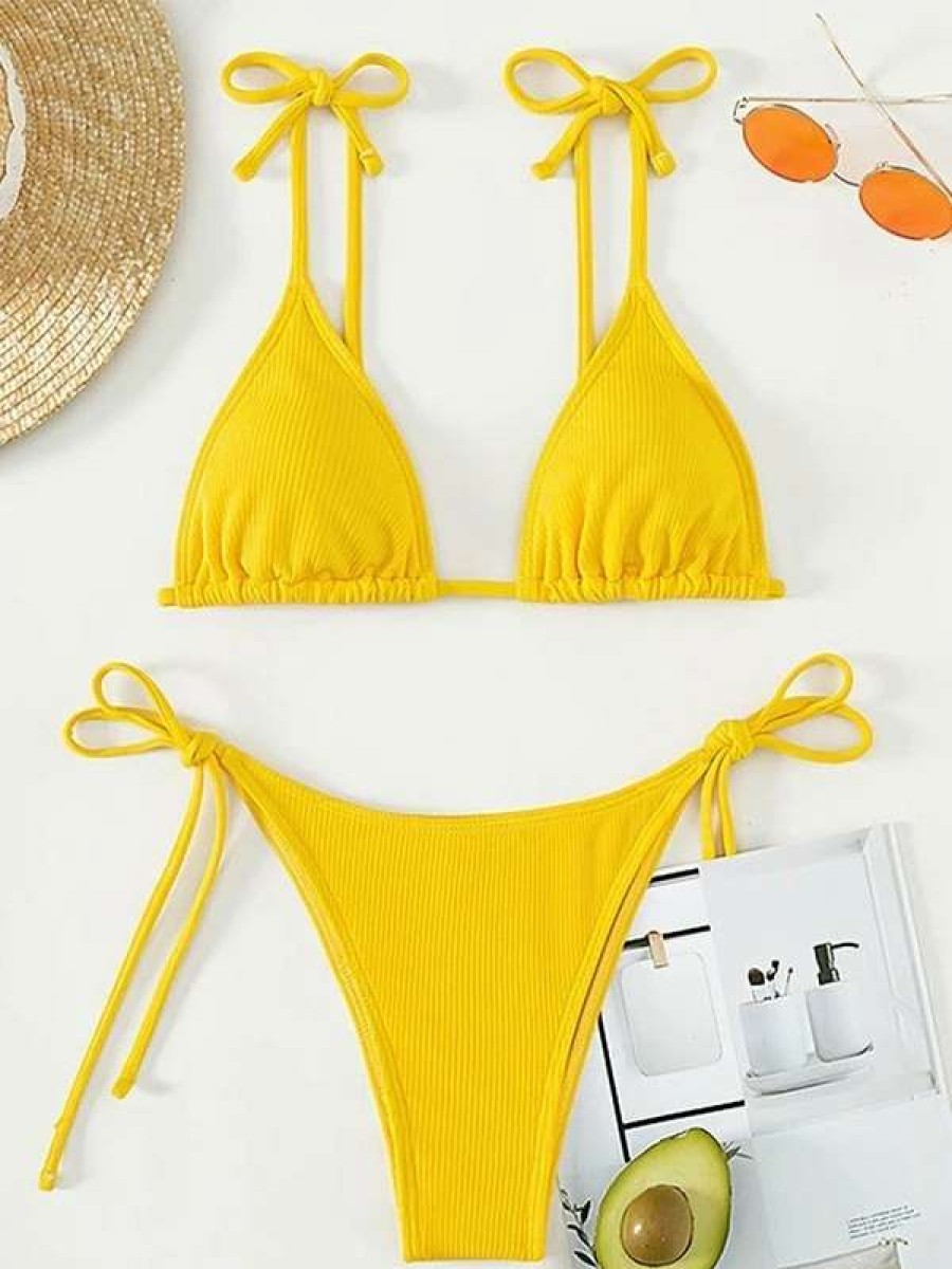 Bikini Sets * | Emmiol Yellow Tie Strap Ribbed Bikini Set