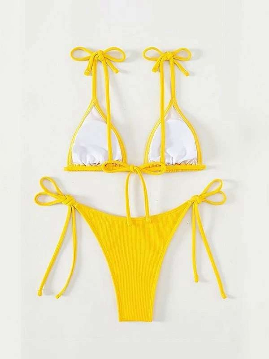 Bikini Sets * | Emmiol Yellow Tie Strap Ribbed Bikini Set