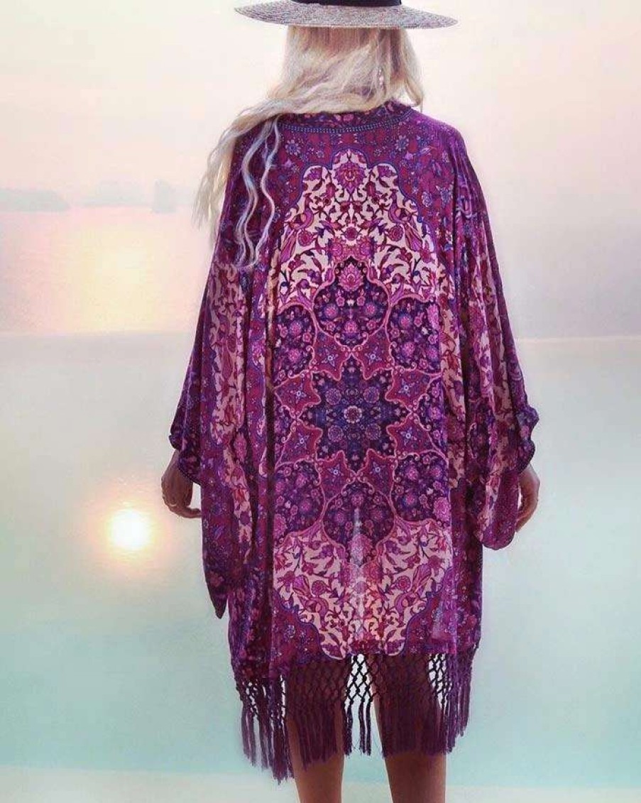 Cover-Ups * | Emmiol Print Chiffon Tassel Loose Cardigan Cover Up