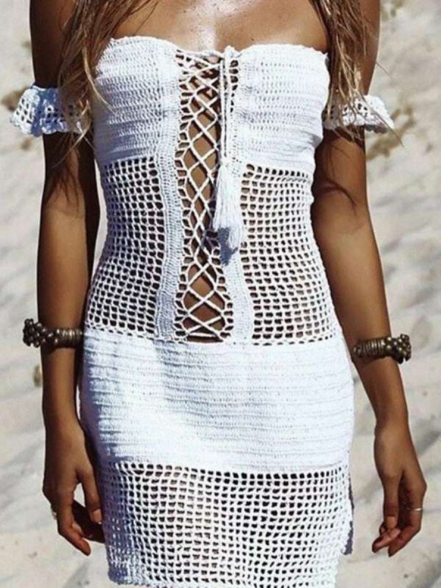 Cover-Ups * | Emmiol Tie Front Crochet Bardot Cover Up Dress