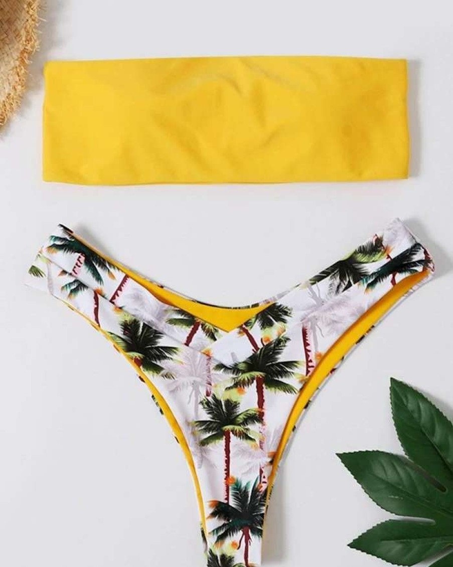 Bikini Sets * | Emmiol Coconut Tree Print Smocking Bandeau Triangle Bikini