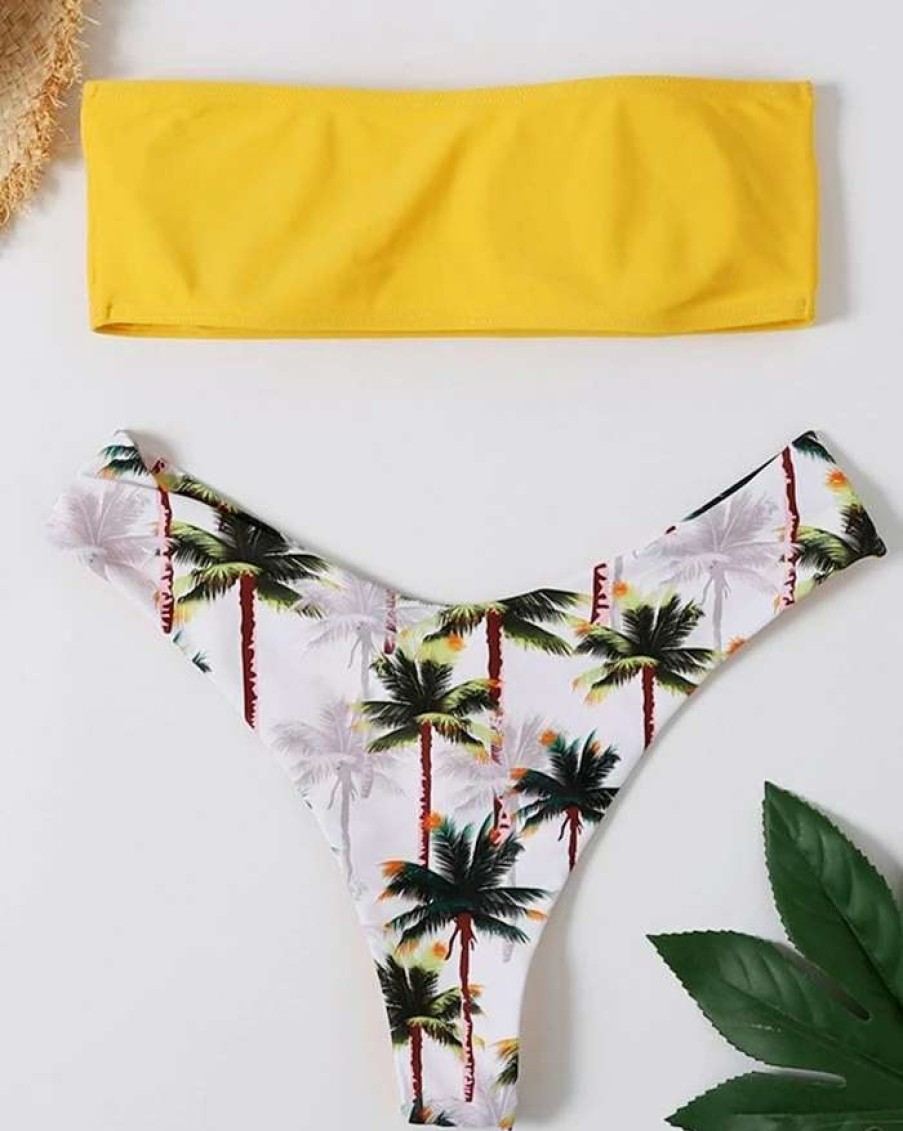 Bikini Sets * | Emmiol Coconut Tree Print Smocking Bandeau Triangle Bikini