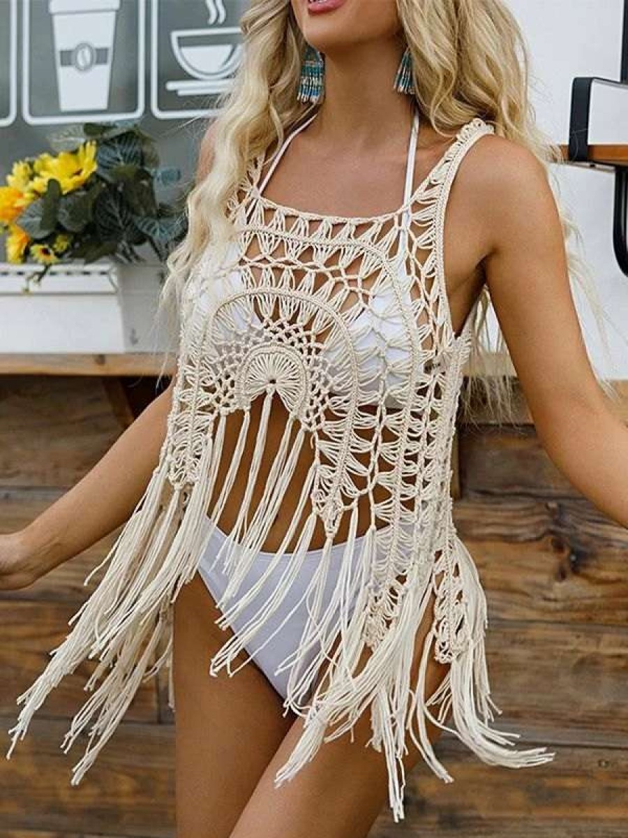 Cover-Ups * | Emmiol Fringe Detail Crochet Hollow Cover Up