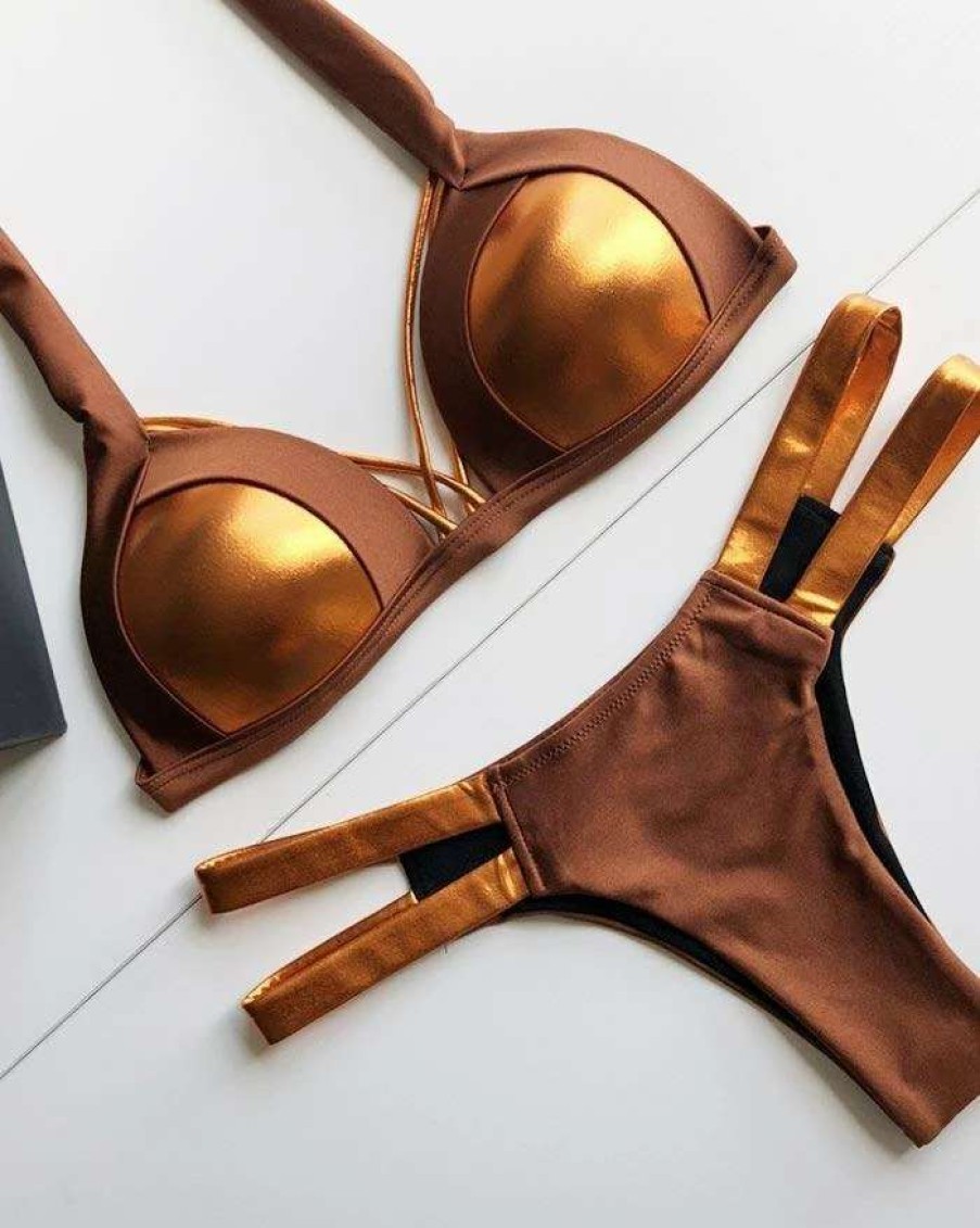 Bikini Sets * | Emmiol Bronzing Bandage High Waist Triangle Bikini