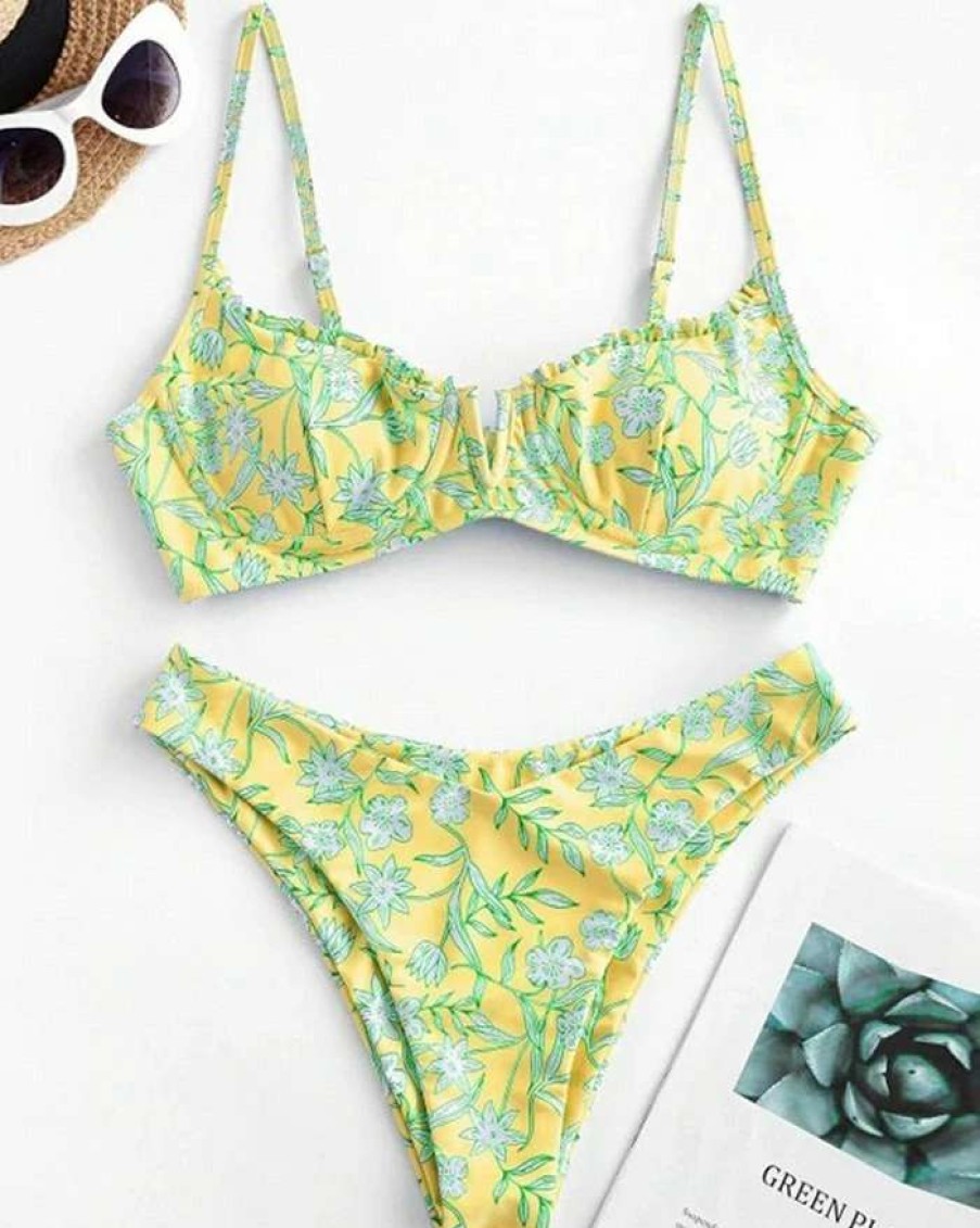 Bikini Sets * | Emmiol Flower Print Split Triangle Bikini