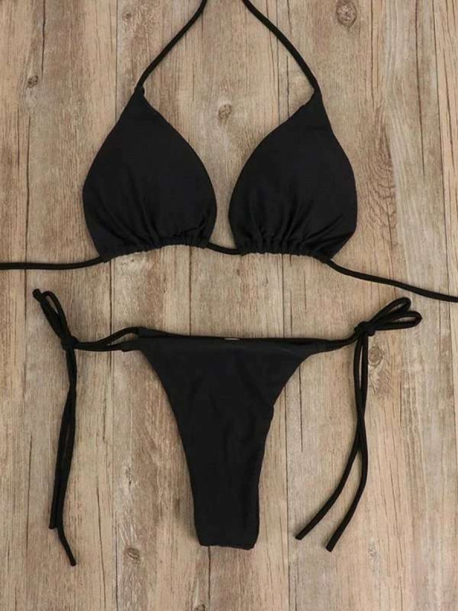 Bikini Sets * | Emmiol Solid Color Hanging Neck Lace Up Micro Bikini