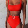 Bikini Sets * | Emmiol Solid Color U-Neck Buckle High Waist Bikini