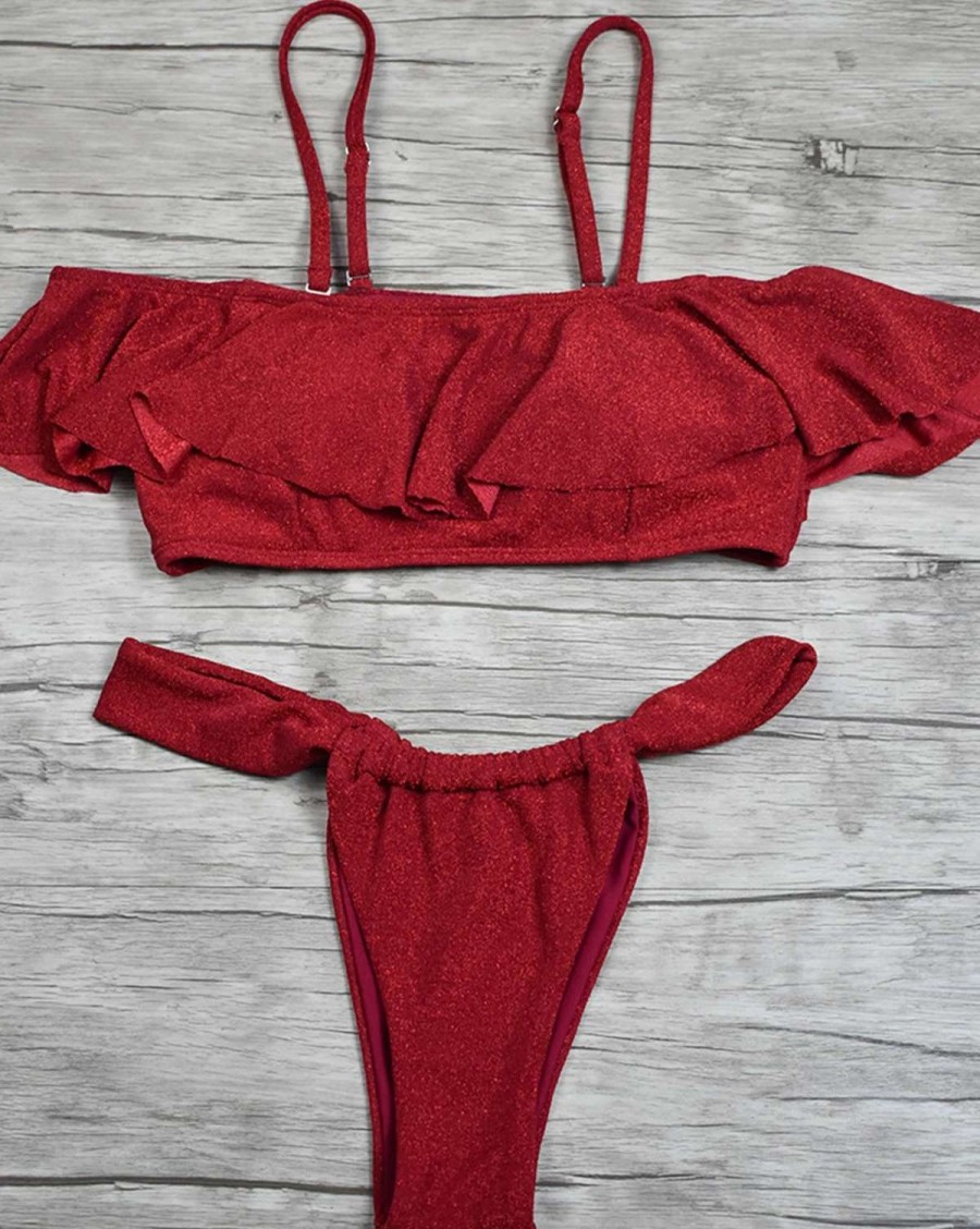 Bikini Sets * | Emmiol Sexy Ruffle Split Bikini With Shoulder Strap