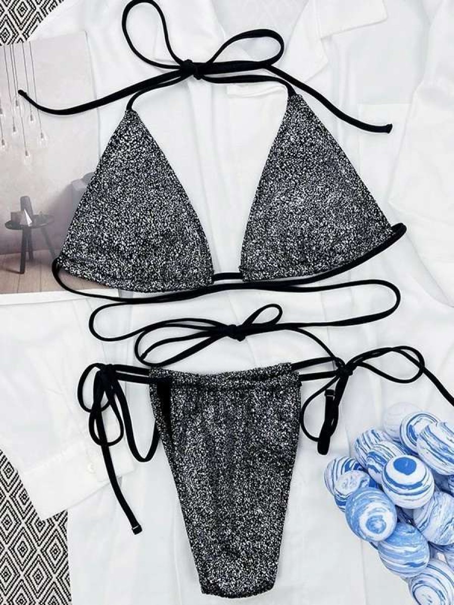 Bikini Sets * | Emmiol Metallic Black Lace Up Bikini Set