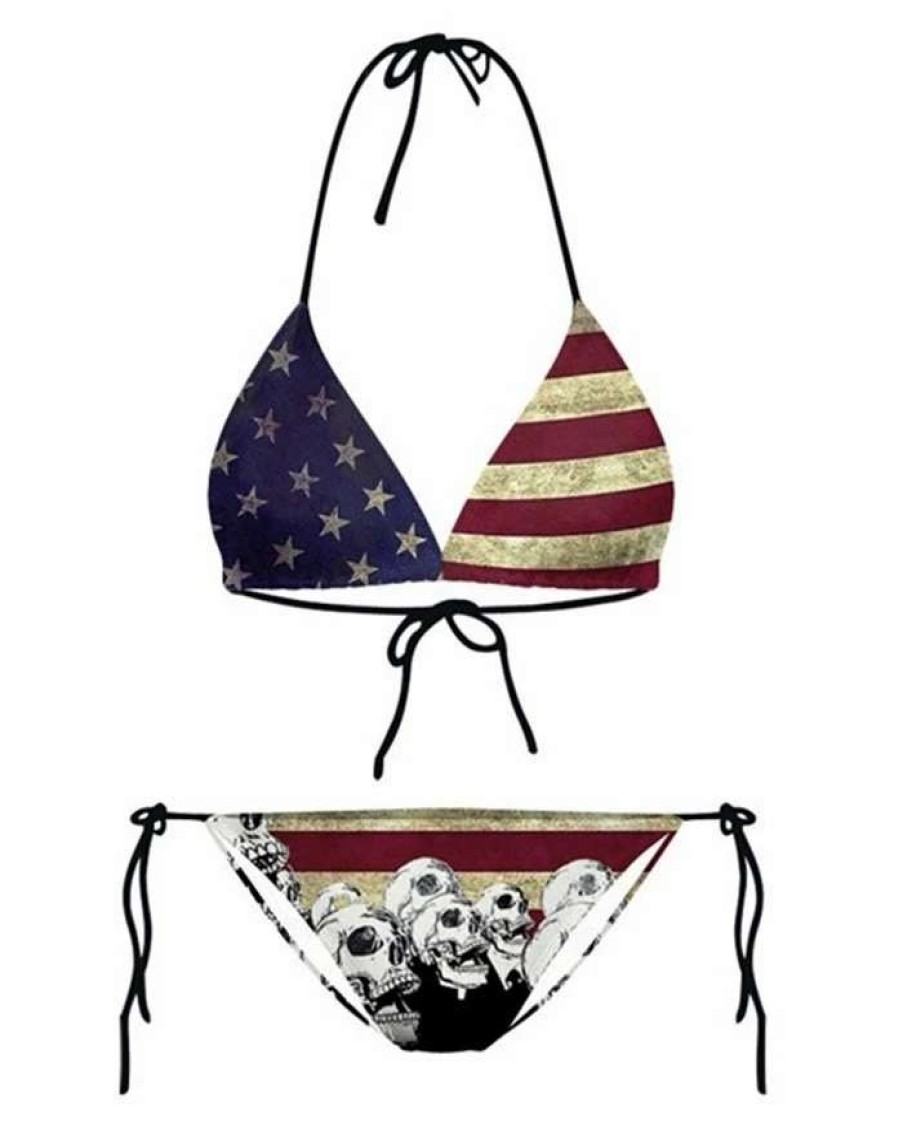 Bikini Sets * | Emmiol Hanging Neck Star And Stripe Print Lace Up Triangle Bikini