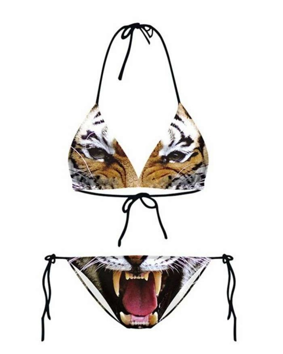 Bikini Sets * | Emmiol Tiger Print Halter Lace Up Micro Bikini Set