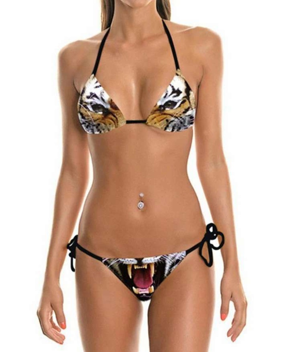 Bikini Sets * | Emmiol Tiger Print Halter Lace Up Micro Bikini Set