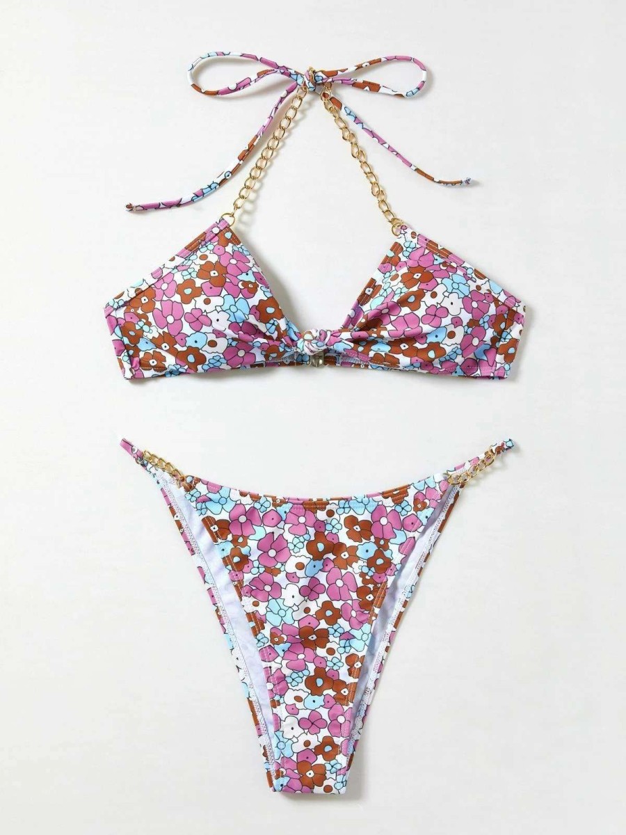 Bikini Sets * | Emmiol Chain Embellished Floral Print Bikini Set